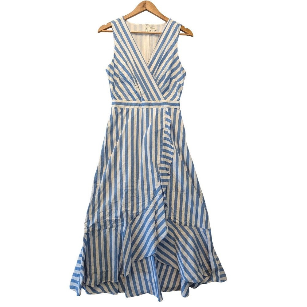 J.Crew Blue White Striped Sleeveless Ruffle High Low Midi Dress Size 2